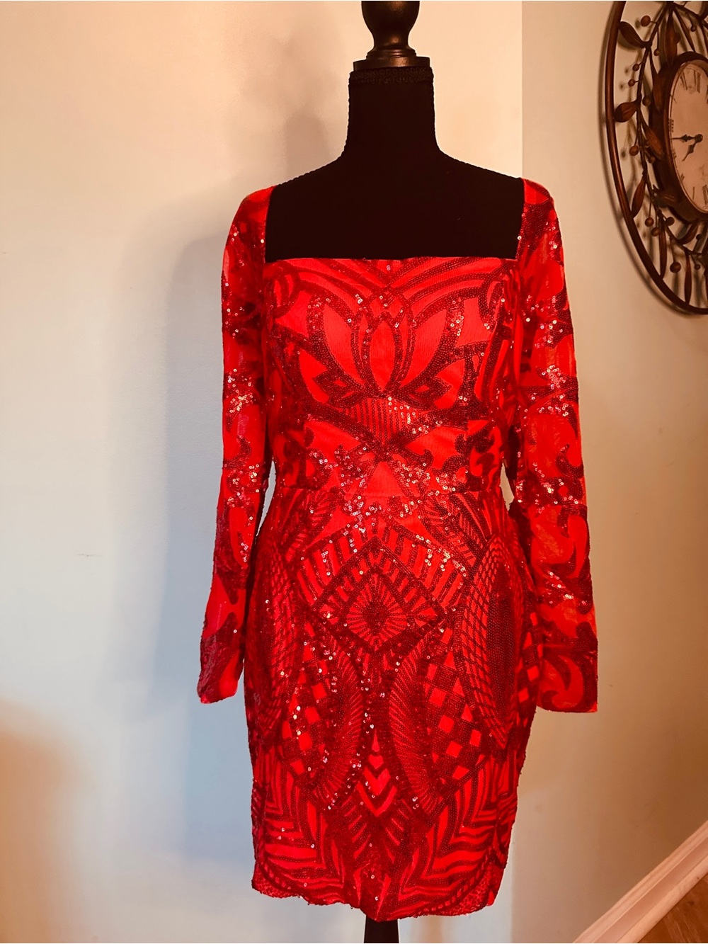Red Sequin Long Sleeve Mini Dress